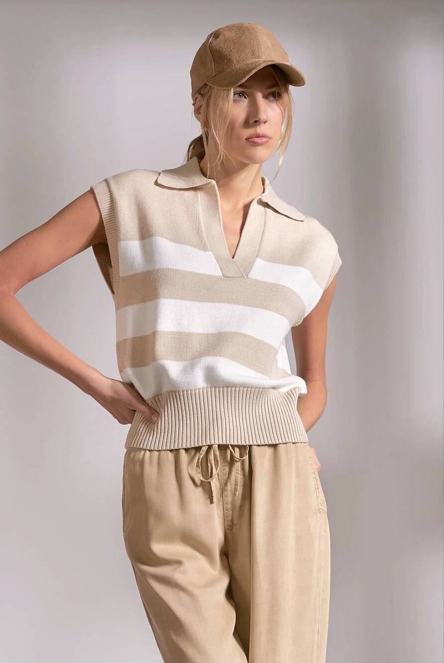 NEW ELAN kim sleeveless striped sweater in beige stripe